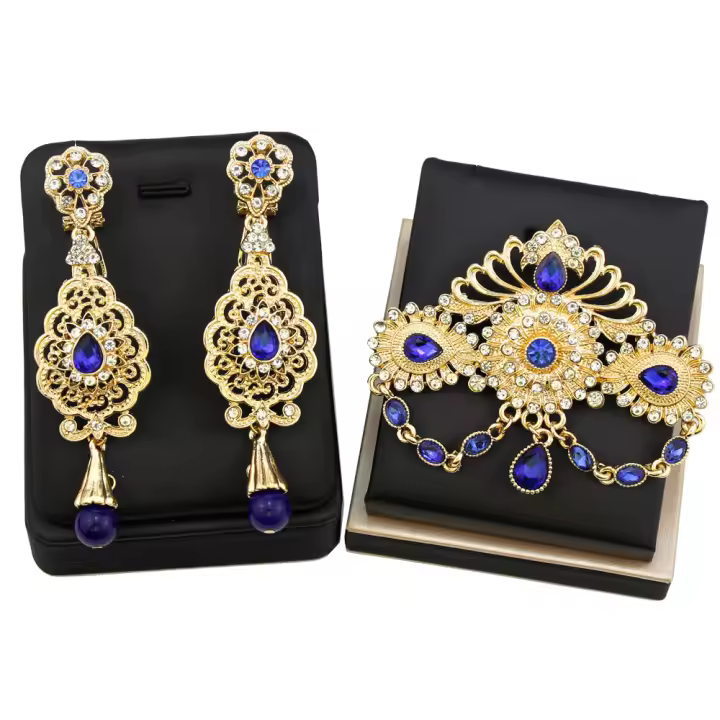 Juego De Broches Y Aretes De Arábiga Sunspicems Para Mujer En Color Oro Con Cristales Azul Y Rosa Flor Marruecos Joyería Broche Caftán Trendy - 1