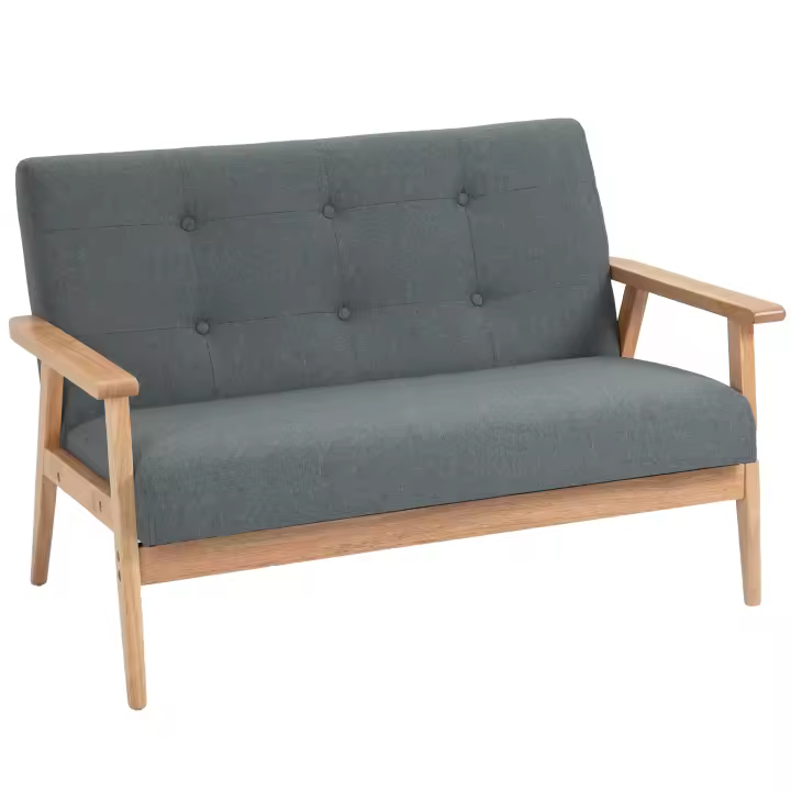 HOMCOM Sofá 2 plazas sofá dos plazas de tela sofá doble tapizado loveseat diseño compacto lino caucho madera gris 115 x 66,5 x 73 cm - 1