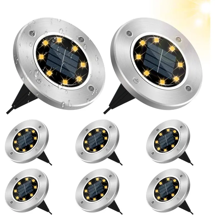 Luces solares para exterior, 8 unidades, 8 LED, luz de suelo para jardín, 3500 K, blanco cálido, impermeables, IP65, foco solar empotrable para césped, para caminos, patios y subterráneos. - 1