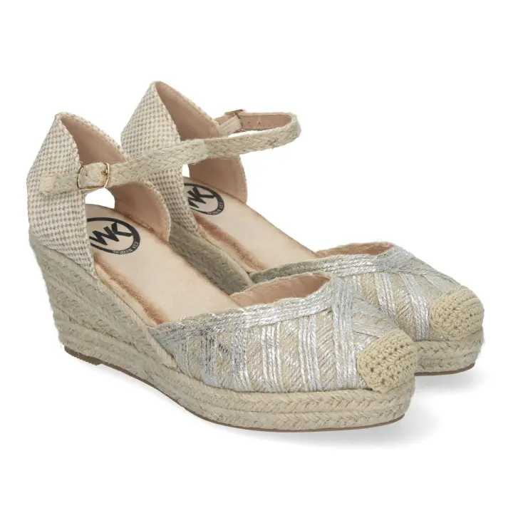 PuntoSalao Sandalias de cuña forrada en yute para mujer pala cerrada plata KK-956 - 1