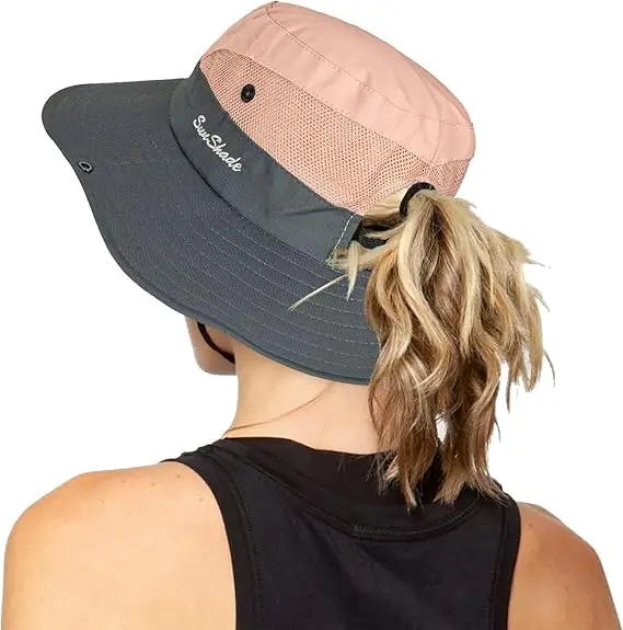 Sombreros de Sol con Protección UV para Exterior para Mujer, Sombrero de Pesca de Playa de Ala Ancha de Malla con orificio parcola de Caballo - 1