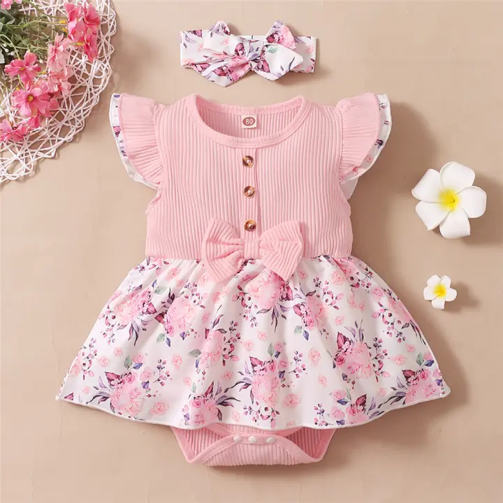 Traje De Verano Para Bebé Niña With Romper Floral Y Camiseta With Mangas Cortas Y Aros Juego With Bandana Talla 0-18 Más 2PCS - 1
