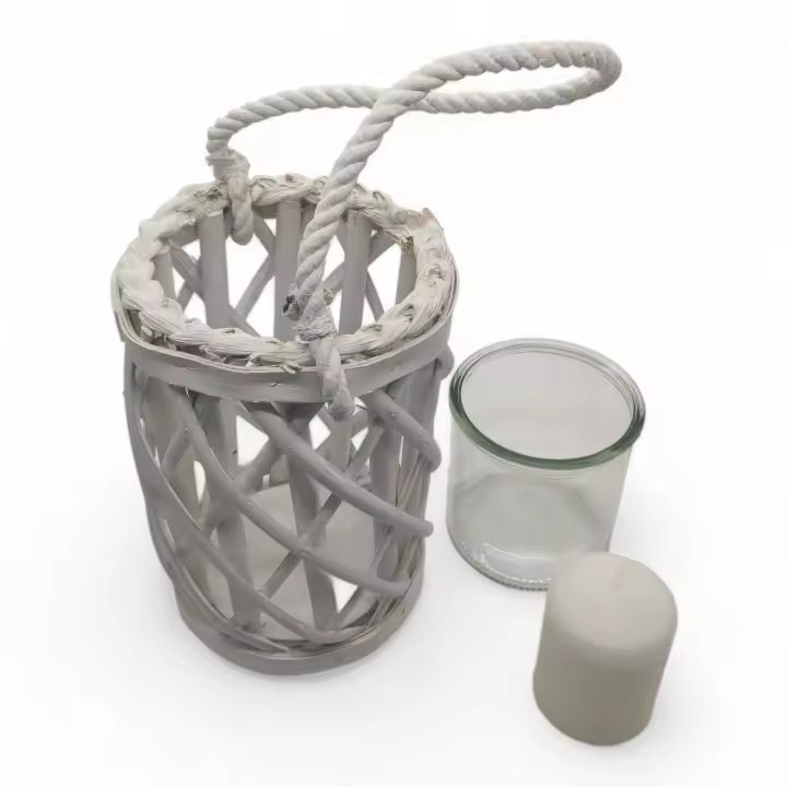 Buscodecor - Portavelas Cesta Blanco con Vaso de Cristal + Vela Blanca, Para Colgar o Apoyar en la Mesa, Regalo Ideal, Navidad. - 1