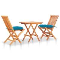 vidaXL Set de bistró 3 pzas madera maciza de teca y cojines en color Azul claro/Gris/Antracita y más | acolchados duraderos para sofás de jardín terraza exterior - details 0