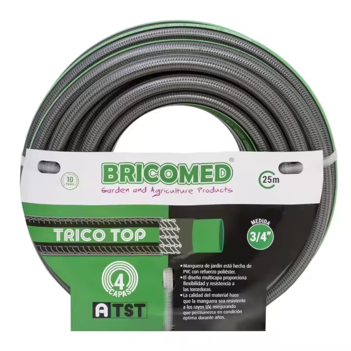 Manguera de jardín TRICO-TOP A-TS tricotado anti-torsion (3/4"-25 metros) con diseño multicapa, fabricada en PVC reforzado con poliéster  y resistente a los rayos UV - Bricomed - 1