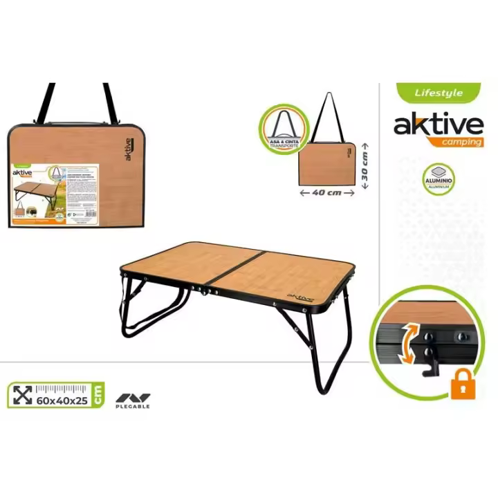 AKTIVE Mesa plegable camping portátil diseño madera con asa para fácil transporte, mesa pequeña, mesa picnic, Medidas 60x40x25cm, Mesa de aluminio ligera, Accesorios de camping - 1