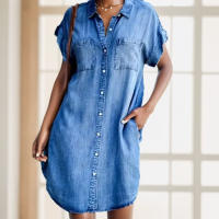 Vestido De Mezclilla Casual Para Mujer Verano Con Mangas Cortas Cuello En V Vestido A-lineado Suelto Vestido De Fiesta Solido - details 0