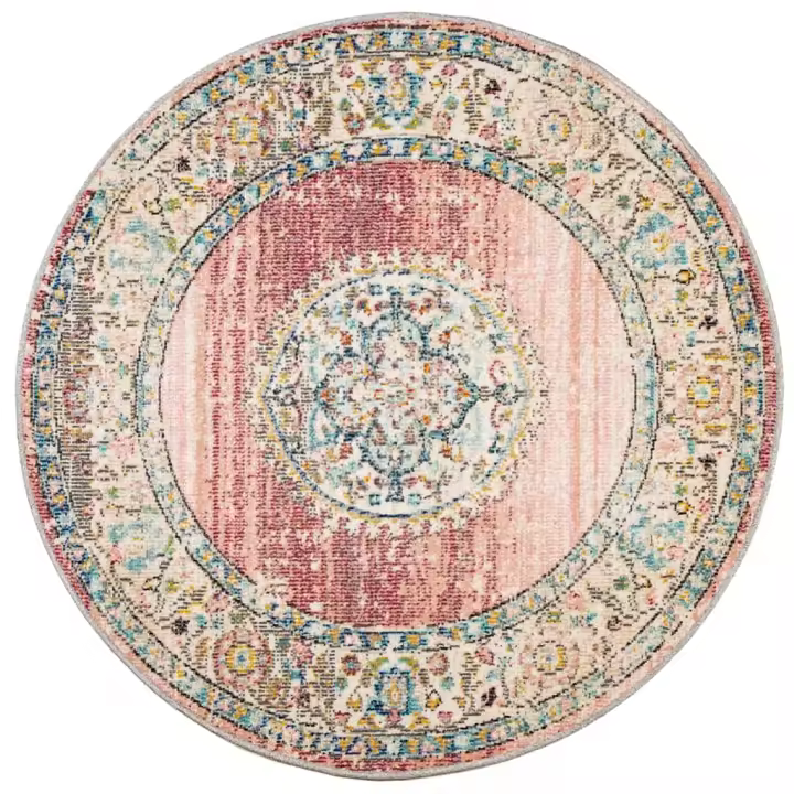 vidaXL Alfombra de interior/exterior diseño vintage ARBIZU Ø 120 cm Color Rosa,  Multicolor,  Gris claro y mas Alfombras de área  Alfombra de Piso para Sala de Estar Dormitorio Habitación Salón - 1