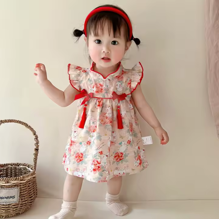 Vestido De Verano Para Bebé Niña Con Estampado De Conejo Lindo Cheongsam Ropa De Niños Suave Polyester Talla True Fit - 1