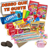 Cajita Regalo Muy Original con 20 - Galletas Oreo, Ositos Haribo, Galleta Lotus Biscoff, Lenguas Gominola Multicolor, Reloj Chuche y Muchos Caramelos Más. Incluye Tarjeta Deseo Que Te Guste. - details 0