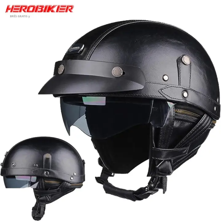Casco De Motocicleta Retro En Cuero PU Para Hombre Y Mujer Con Lente HD Estilo Alemán Vintage Para Ciclismo Y Scooter - 1