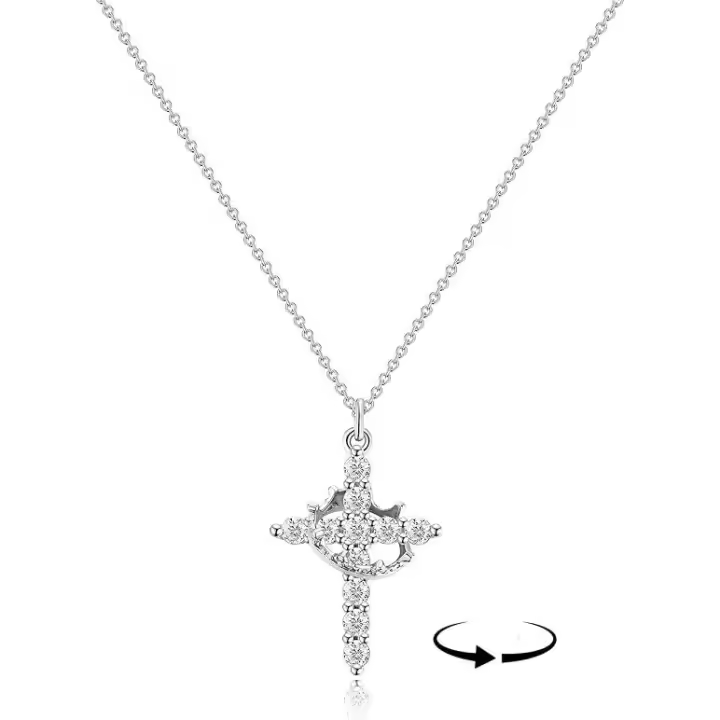 Collar de cruz con corona giratoria para mujer, encantador y exquisito colgante de aleación de plata con cristal, collar de moda, joyería sencilla, regalos para amigos y novias. - 1