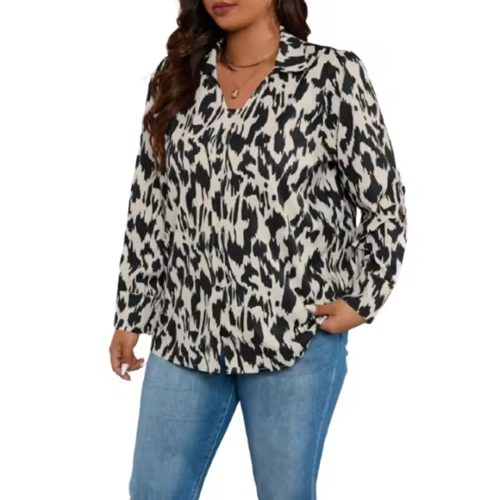Camisa Larga De Manga Para Mujer Talla Grande Con Estampado Casual Y Moda Cuello En V Ajuste Regular Polyester Verano/Otoño - 1