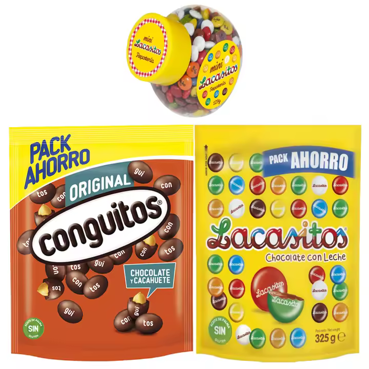 Pack Lacasitos mini color bote 129g,Conguitos negro doypack 350g,Lacasitos doypack person 325g - 1