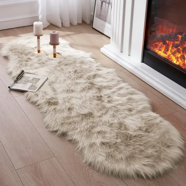 Alfombra de piel sintética para dormitorio, alfombra de lino esponjosa, cojín de sofá de alfombra de piel de oveja suave, alfombra pequeña de felpa beige, alfombra de felpa - 1