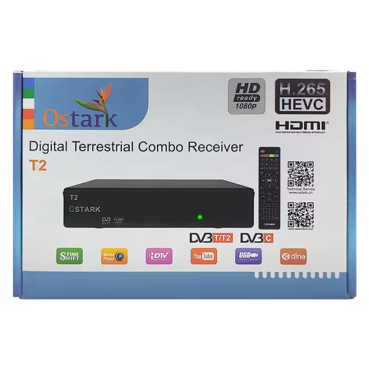Ostark T2 TDT, HD OUT,  TDT2 Receptor terrestre, DVB-C DVB-T2, HVEC, H.265, LCN, DTT, Receptor de terrestre,  Sintonizador, 1080P - 1