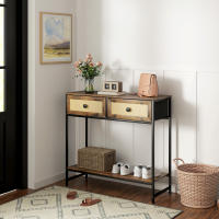 HOMCOM Mesa Consola Mueble para Recibidor con Estante Abierto y 2 Cajones Frontales de Ratán Consola para Recibidor Entrada Pasillo 80x30x75 cm Marrón Rústico - details 1