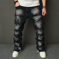Jeans Rotos Y Spliced Streetwear HipHop Para Hombre Estilo Biker Con Agujeros Y Destazados Pantalones Vaqueros Sueltos De Doble Face De Medio Pecho Para Primavera Y Otoño - details 7