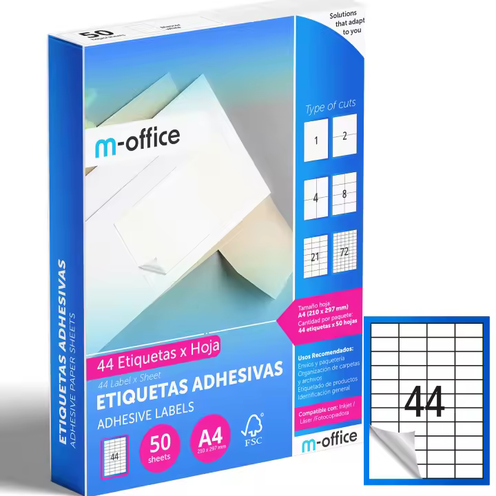 M-office Etiquetas Adhesivas A4 compatible con Label Printer, Pegatinas Blancas Adhesivas para Uso Diario, Papel Adhesivo para Imprimir, Pegatinas para Escribir (44 por hoja, 50h) - 1