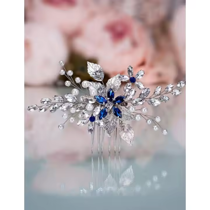 Peineta nupcial de cristal de zafiro con forma de hoja de cristal azul perla, accesorio para el cabello de marquesa para fiestas de graduación, festivales y bodas, para mujeres y niñas. - 1