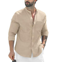 Camisa De Playa Para Hombre Verano Manga Larga Ajustada Cuello Erguido Botones Únicos De Algodón Y Lino Estilo Inglés - details 1
