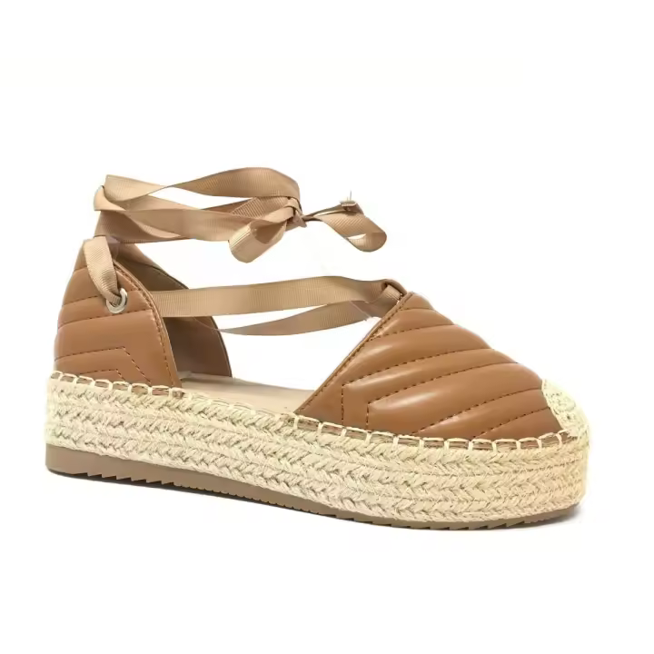 Alpargata Mujer - Beige con Suela de Esparto - Plataforma Plana - Primavera Verano 2024 - Cordones en Tobillo - 1