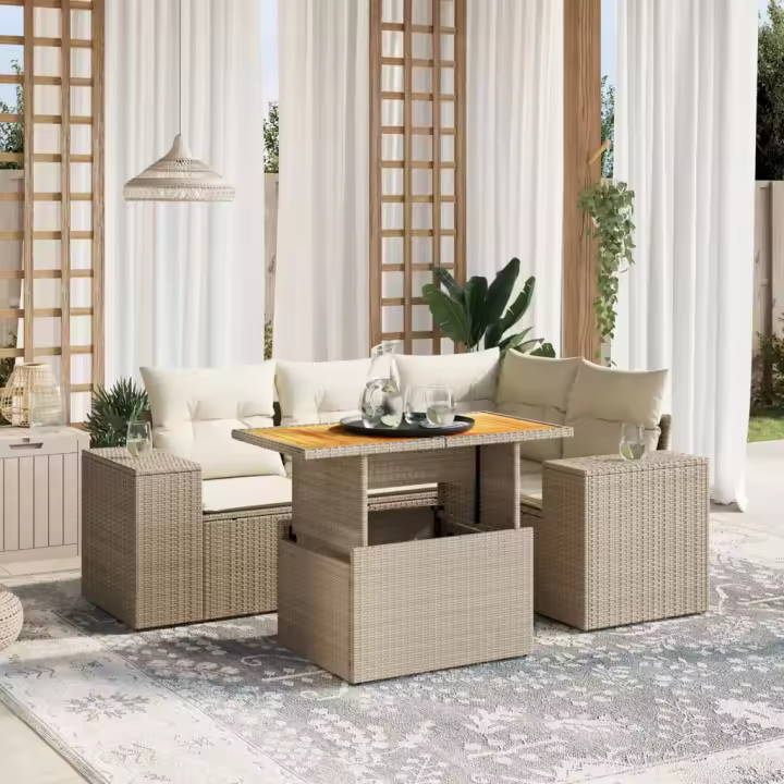 vidaXL Juego de sofás jardín con cojines 5 pzas ratán sintético beige - 1
