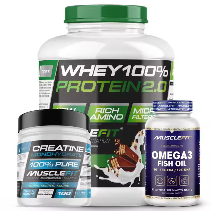 Pack Proteína WHEY 2kg + Creatina 300g + Omega 3 90cáps - Musclefit  Avance Muscular│Mas musculos│Vitaminas - 1