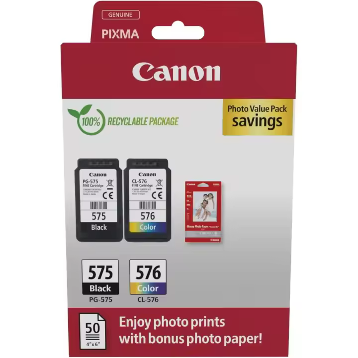 Canon PG-575 + CL-576 Cartucho de Tinta Negro + MultiColor Original + 50 Hojas Papel Fotográfico 4x6 (PIXMA) Impresoras PIXMA TS3750i, PIXMA TS3751i, PIXMA TS3752i, PIXMA TS3550i, PIXMA  TS3551i,  PIXMA TR4750i, PIXMA TR4751i, PIXMA TR4756i - 1