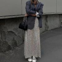 Moda Lentejuelas falda elegante largo cintura alta Oficina casual señora suelta Faldas - details 1