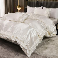 Set De Edredón Satinado 3PCS Colores Blanco Khaki Y Rosa Seda Suave Con Volantes Estilo Moderno Para Cama Conjunto De Ropa De Cama - details 5