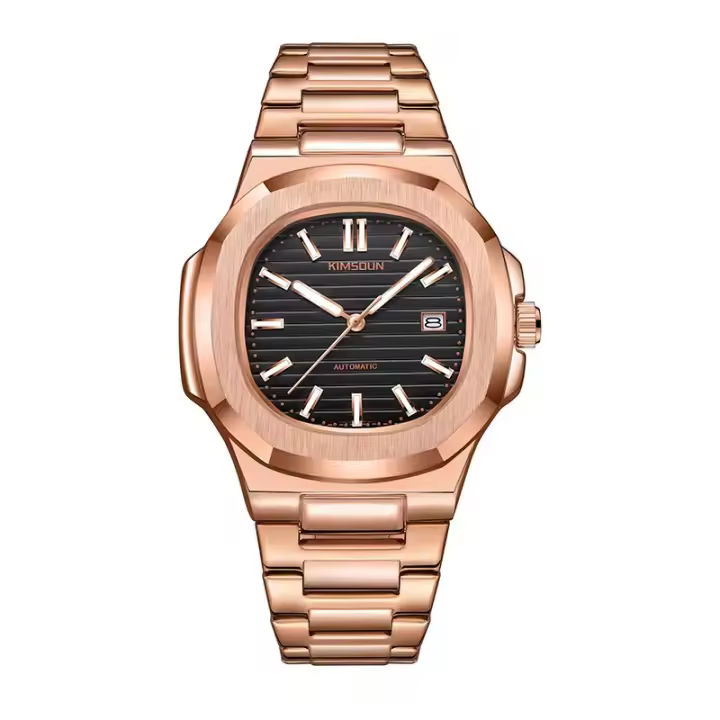 Reloj Mecánico Para Hombre De Acero Rose Gold Con Calendario Lunar Y Correa De Acero Alta Gama Resistente Al Agua Estilo Casual - 1