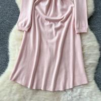 Vestido Rosa Francés De Estilo Simple Para Damas Con Cuello En V Manga Larga Sólido Suave Ajustado Casual De Otoño Vestido Largo De Hogar - details 14