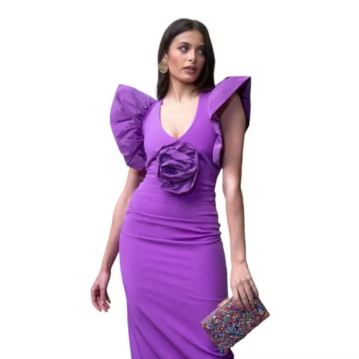 Cayro Vestido Morado Leiva, Vestido Manga Volante, Flor 3D - 1