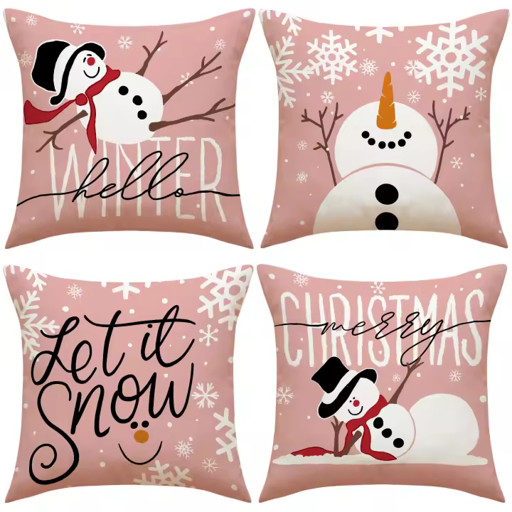 Conjunto de 4 fundas de almohada de Navidad rosa, juguete de impresión de muñeco de Navidad Combo para el hogar sofá y decoración interior - 1