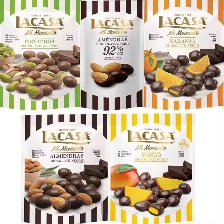 Lacasa Mi Momento pack de 5:Almendra 92% 65G,Almendra choco Negro 125G,Naranja choco Negro 125G,Pistacho Leche 100G,Mango choco Negro 115G - 1