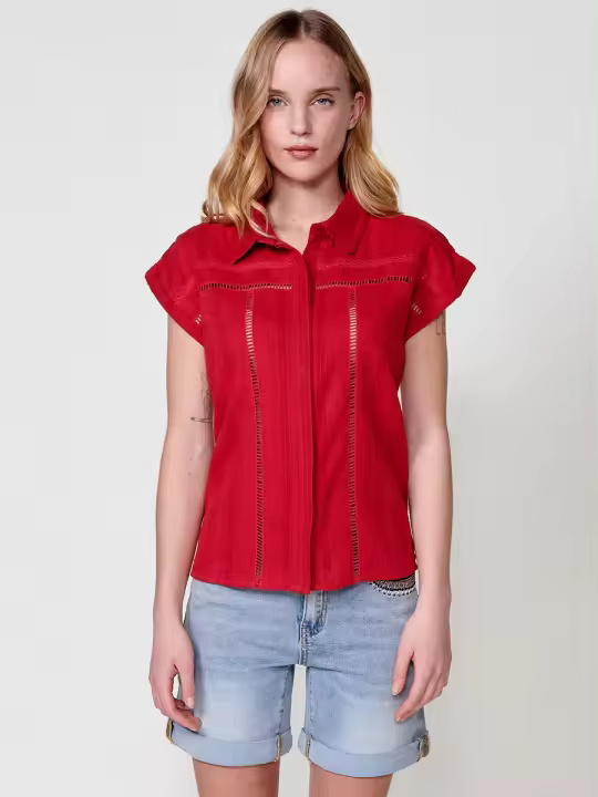 Koroshi Camisa de Manga Corta de Algodón con Cuello Camisero y Tejido Bordado en Rojo para Mujer – 100% Algodón - 1