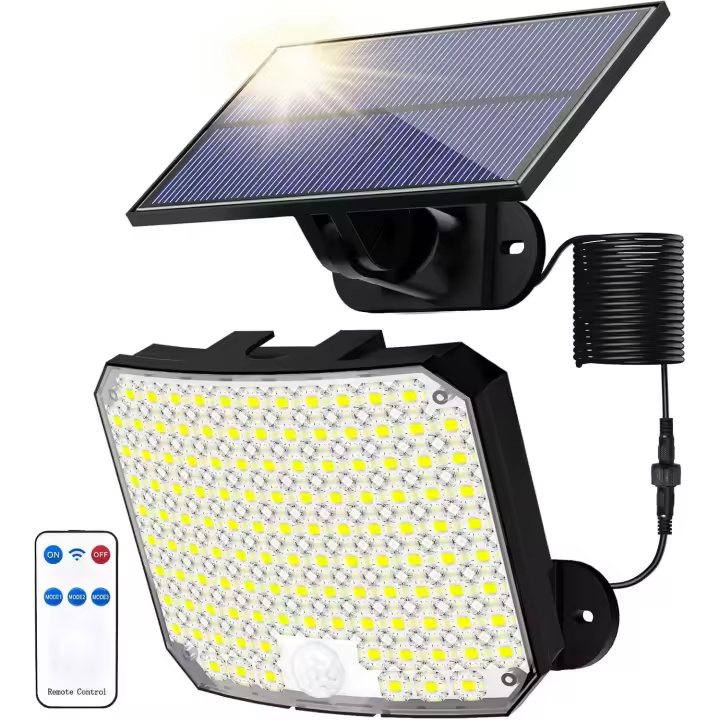 SOMY Luces solares para exteriores, 118 LED, sensor de movimiento solar con control remoto, IP65, impermeable, luz solar para jardín, lámpara de pared para exteriores - 1