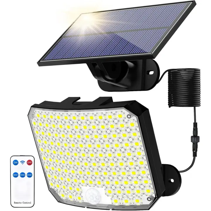 SOMY Luces solares para exteriores, 118 LED, sensor de movimiento solar con control remoto, IP65, impermeable, luz solar para jardín, lámpara de pared para exteriores - 1