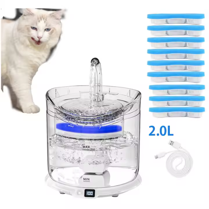 Fuentes de agua WFO60 para gatos, cachorros y mascotas con filtro de carbón de 9 piezas, con 2 modos de agua inteligentes, alimentadas por USB - 1