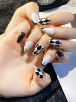 10pcs Uñas Postizas De Prensa En Blanco Y Negro Con Patrón De Cuadros Para Uso Diario En La Oficina Kit De Uñas Artificiales Hechas a Mano Material ABS - details 0