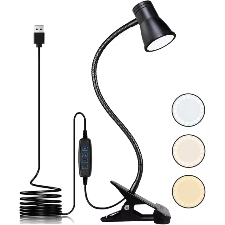 Lámpara de escritorio LED USB con clip para lectura, 3 modos de luz, 10 niveles de brillo regulables - 1