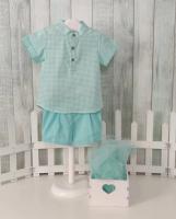 Conjunto de pantalón y camisa de niño en verde-agua con estampado a cuadros - Babidu - details 0