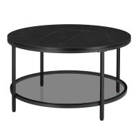 Mesa de centro redonda con estilo moderno, imitación de mármol y estante de vidrio templado, fácil montaje, ideal para salón, color blanco o negro - details 13