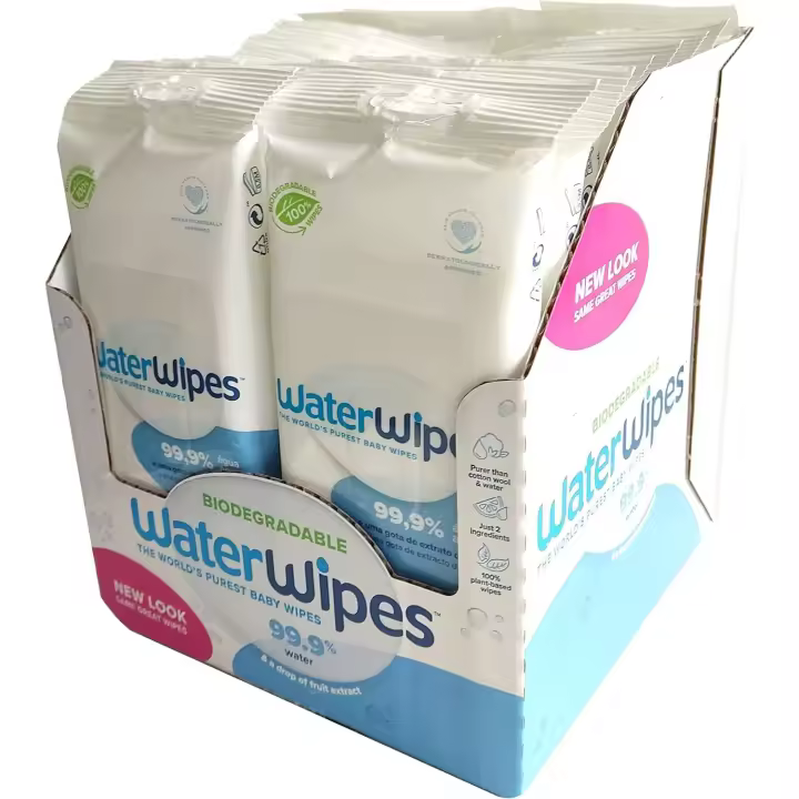 WaterWipes Toallitas de bebé (16 x 28 unidades), las toallitas húmedas más puras para pieles suaves de bebés, toallitas limpiadoras compostables 100% de origen vegetal – 448 toallitas - 1