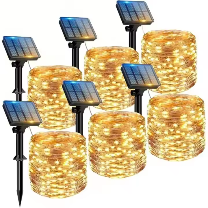 Guirnalda de luces Solares para Exteriores-6 unidades, 12 m, 100 Luces LED, Luces Solares LED para Exterior, Luces para decoración de Jardín, luces Cálidas o de Colores opcionales - 1