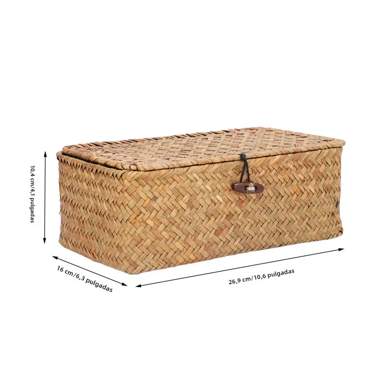 Cesta De Almacenamiento Natural De Hierba De Mar Rectangular Tejida Con Tapas Organizador De Escritorio Caja De Almacenamiento - 1