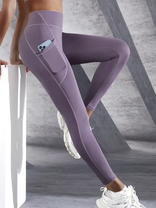 Leggings De Cintura Alta Para Mujer Con Bolsillos Yoga Fitness Running Sportswear De Color Sólido Estilo Sporty Talla Grande - 1