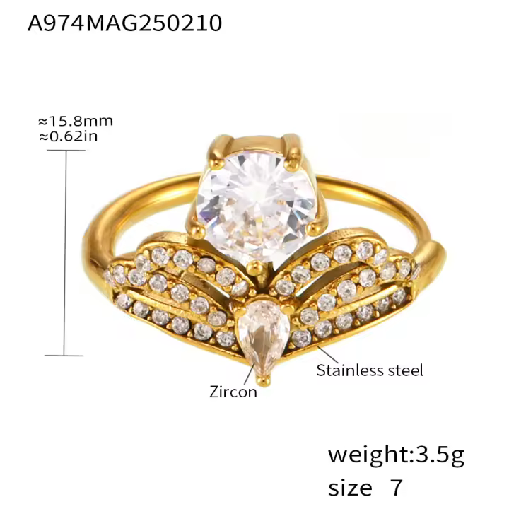 Anillos Vintage en forma de corona de acero inoxidable con circón colorido para mujer, anillo chapado en oro de 18k,joyería al por mayor de alta gama huevo de Paloma de lujo Zirconia grande apertura lateral anillo de acero inoxidable ajustable para mujer - 1