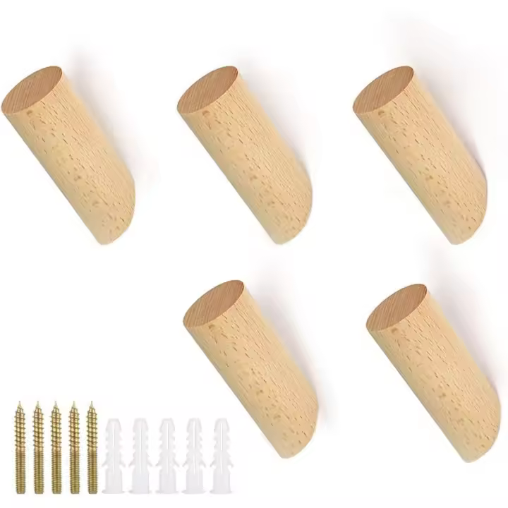 TK 5 PCS Gancho de pared de madera Perchero cilíndrico Perchero de madera natural Gancho de pared de madera de haya con 5 tornillos 5 partículas coloidales Gancho de pared moderno para ropa de pared Sombrero - 1